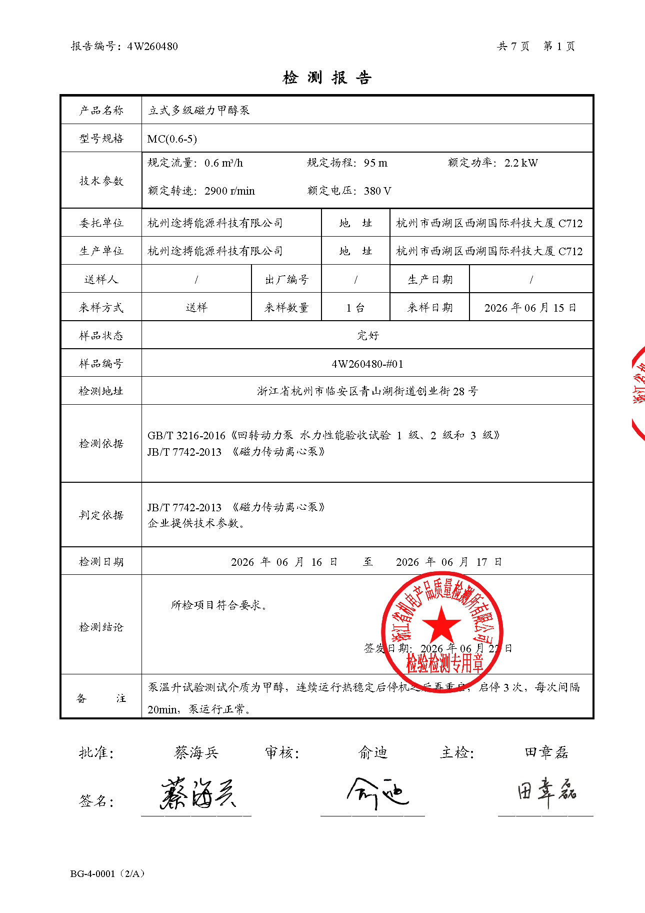 Third-party methanol pump test report page 2
